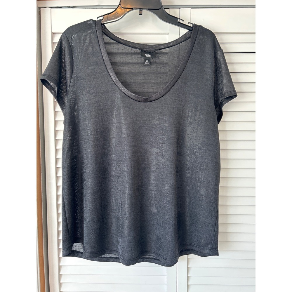 Mossimo Womens XL Black‎ Metallic Scoop Neck Short Sleeve Sheer Knit Top Tee